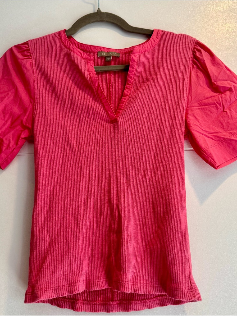 Lilla P Hot Pink Ribbed V-Neck Short Sleeve Top